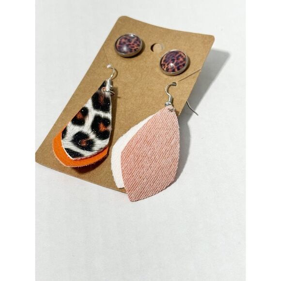Leopard Print Vegan Leather Dangle & Leopard Stud Earrings Orange 2 Pairs Set - Picture 5 of 7